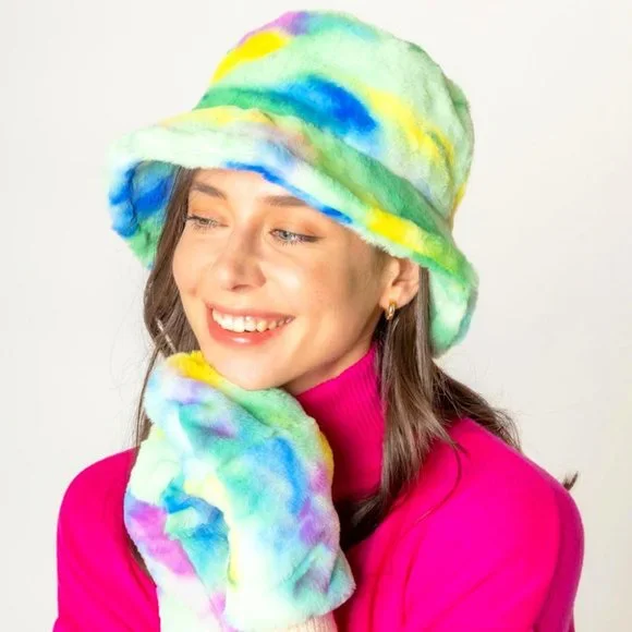 COPY - Fabulous Tye Dye Faux Fur Bucket Hat And Gloves Mitt Set newPXsizingforwebsitepics_40.  main image 4